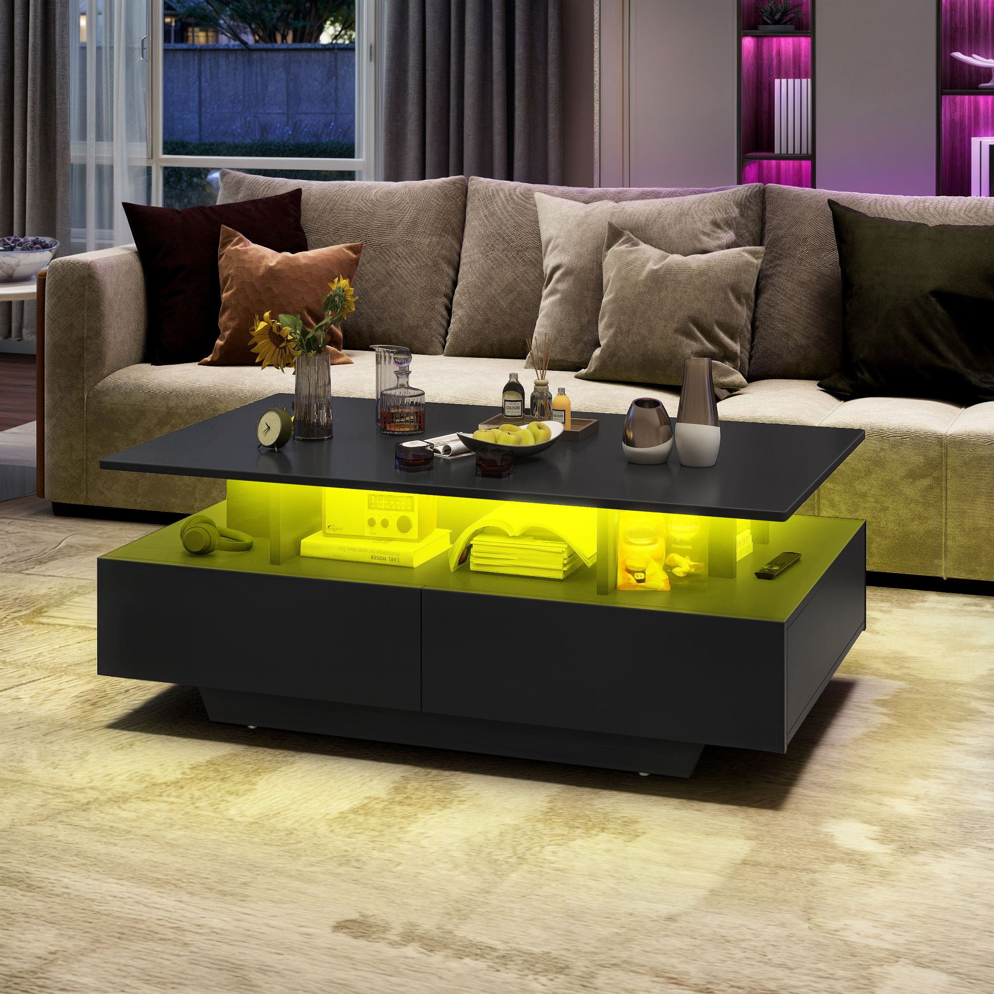 Black coffee table led lights discount